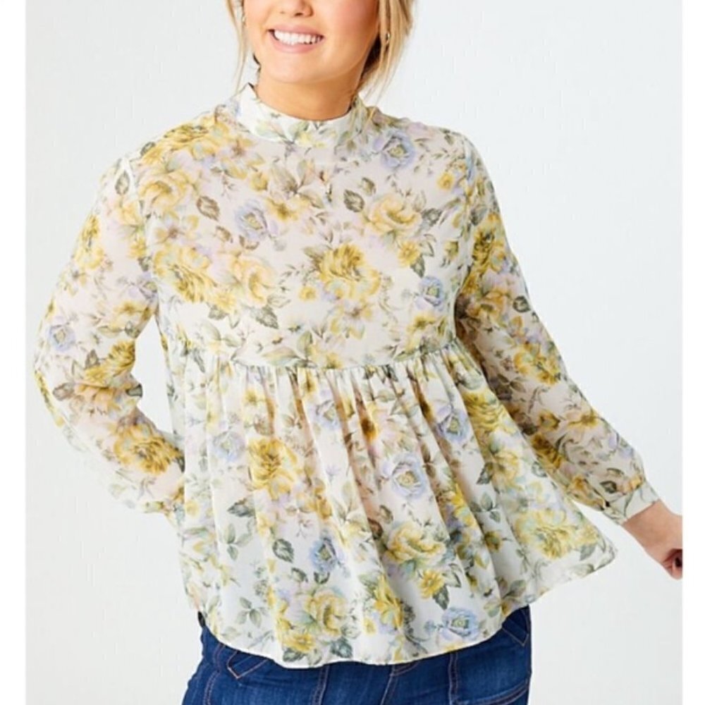 Altar'd State Yellow & Blue Floral Long‎ Sleeve Babydoll Top XS